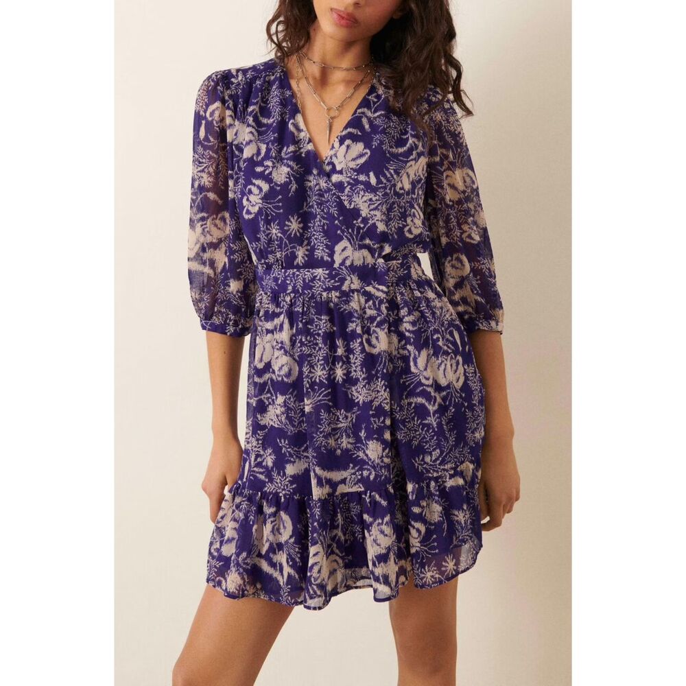 Ba&sh Ulia Floral Print Faux Wrap 3/4 Sleeves Mini Dress Violet & White US L 8